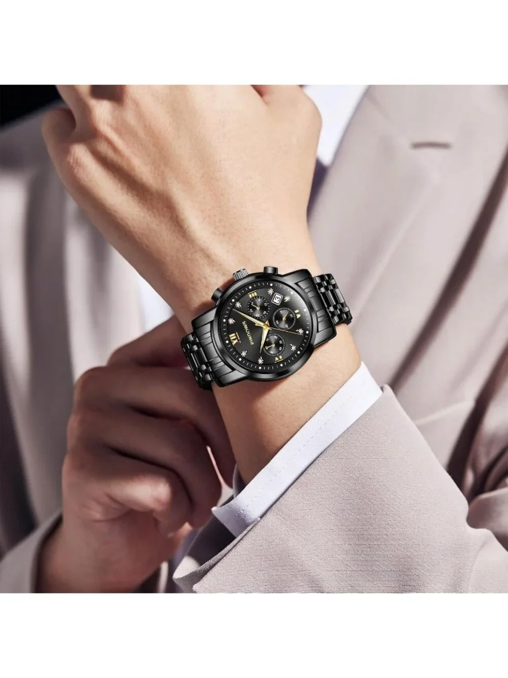 Men's All Black Classic Quartz Watch Stainless Steel Diamond Dial Wrist Watch